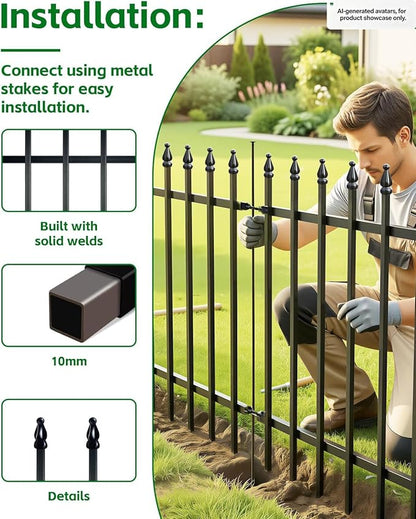 ARIFARO Metal Garden Fence 24" H x 24" W (5 Pack, Length 10 ft), No Digging Decorative Garden Border Fence, Rustproof Black Fence Panels for Flower Bed, Yard, Patio, Small Animal Barrier