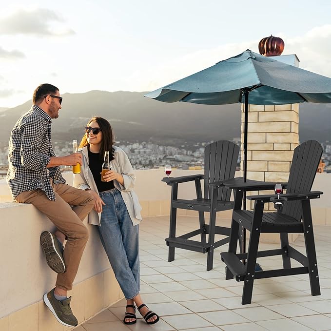 FUNBERRY Tall Adirondack Chairs Set of 2 with Removable Connecting Table, All Weather High Top Balcony Chair with Cup Holders