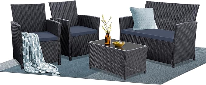 4 Piece Patio Furniture Set, Outdoor Wicker Conversation Set, Rattan Sectional Sofa Couch with Glass Coffee Table & Thick Cushion for Backyard, Porch, Garden, Poolside, Black/Blue