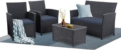 4 Piece Patio Furniture Set, Outdoor Wicker Conversation Set, Rattan Sectional Sofa Couch with Glass Coffee Table & Thick Cushion for Backyard, Porch, Garden, Poolside, Black/Blue