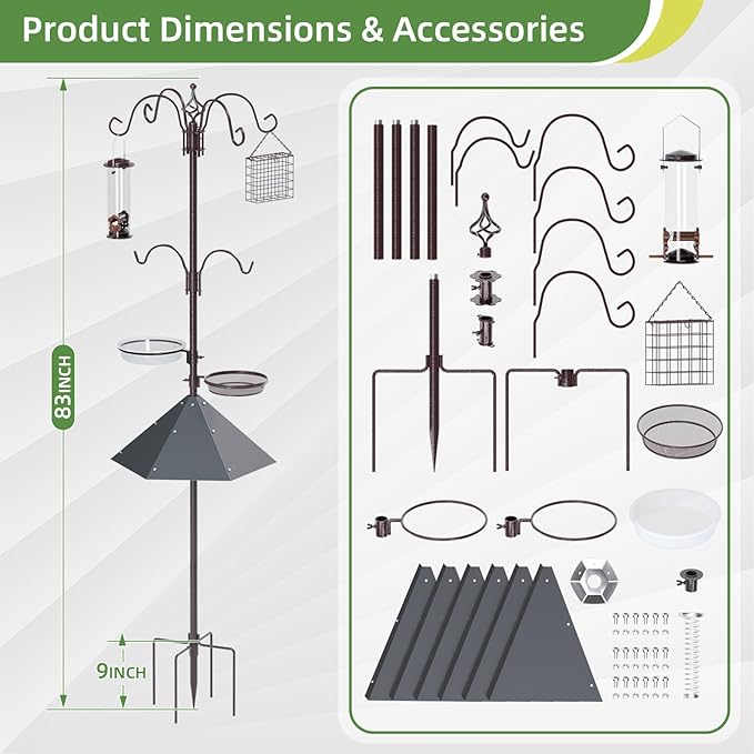 83" Bird Feeding Station Kit with Metal Squirrel Baffle, Heavy Duty Metal Bird Feeding Station with Seed Tray＆Mesh Basket, Easy Assembly Ground Mounted Bird Feeder Pole for Garden Yard Outdoor