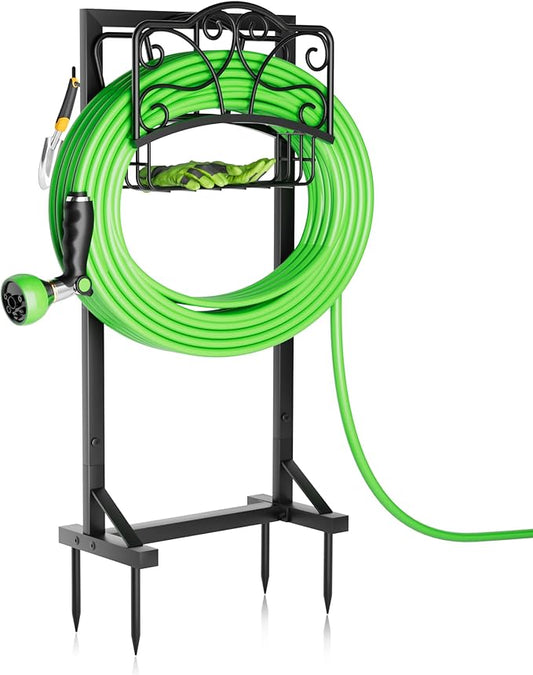 Heavy-Duty Garden Hose Holder with Storage Basket and Tool Hooks, XEAPOMS Stable Hose Hanger Metal Garden Hose Storage Holds 160Ft, Rustproof Freestanding Water Hose Holder for Outside,Yard,Lawn,Farm