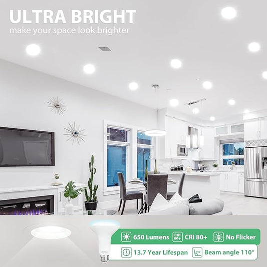 12 Pack BR30 LED Recessed Light Bulb, Dimmable Indoor Flood Light Bulbs CRI80 7W Equivalent 65W 5000K Daylight 650 Lumens, 15000 Lifetime Hours E26 Base LED Can Light Bulb, Flicker-Free