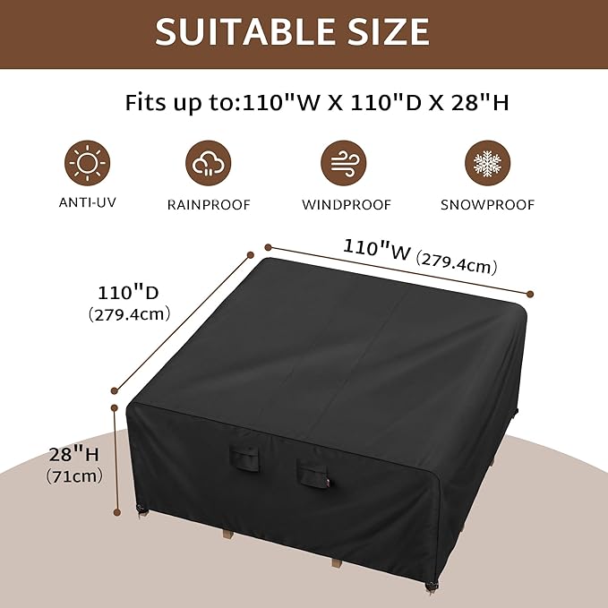 iBirdie Outdoor Patio Furniture Set Covers 110 x 110 inch Waterproof Weatherproof Square Cover, Heavy Duty 600D for Outside Dining Table and Chairs fit 9 x 9 ft, 108 x 108, 106 x 106 inch