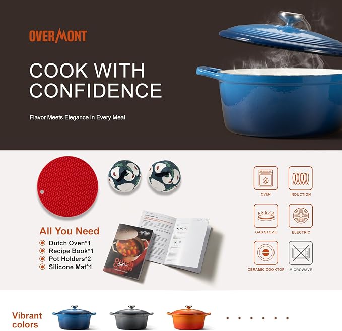Overmont Enameled Cast Iron Dutch Oven - 5.5QT Pot with Wide Handles Lid Cookbook & Cotton Potholders - Heavy-Duty Pre-Seasoned Cookware Oven Safe to 500°F for Braising, Stews, Roasting, Sourdough Baking