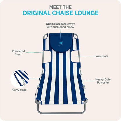 Ostrich Beach Lounge Chair, Folding & Reclining Outdoor Chaise Lounger, Blue/White Striped - Portable Adjustable Recliner Chair for Lawn, Pool, Patio, Garden, and Yard