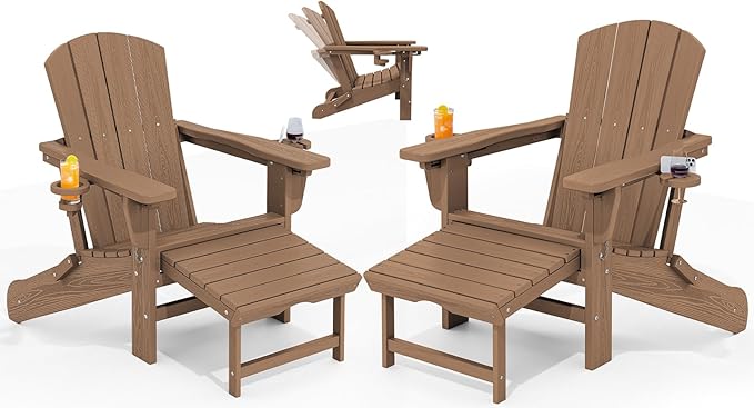 KINGYES Folding Adjustable Adirondack Chair with Ottoman & 2 Cup Holders Set of 2, HDEP Multifunctional Adirondack Chair with Footrest, Brown