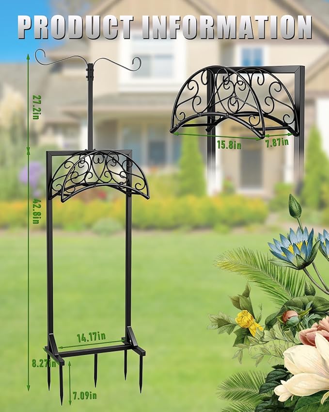 5-Spike Garden Hose Holder Freestanding with 2 Shepherds Hooks, Heavy Duty Water Hose Stand for Outside, Decorative Metal Hose Hanger Rack for Hanging Bird Feeders, Hose Storage for Yard