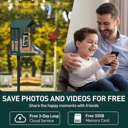 Soliom- Bird Feeder with Camera, 5W Solar Powered, AI Identify Species, Smart Wild Bird Watching, 2K Live View, Instant Arrival Alerts,Large 2.7L Seed Capacity, Metal Squirrel Chew-Proof - BF08 Green