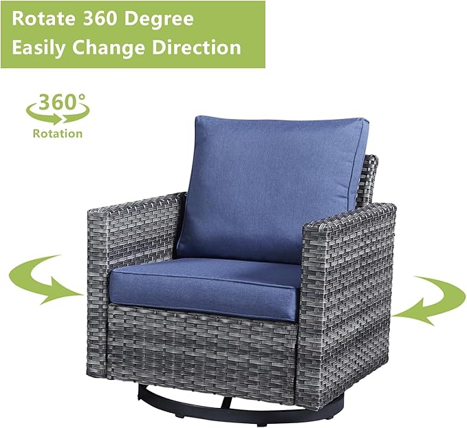 Rilyson Wicker Outdoor Patio Furniture Set - 7 Piece Patio Conversation Set with 4 Swivel Rocker Chairs,2 Rattan Ottoman and 1 Couch for Outside Porch Deck Backyard(Mixed Grey/Blue)