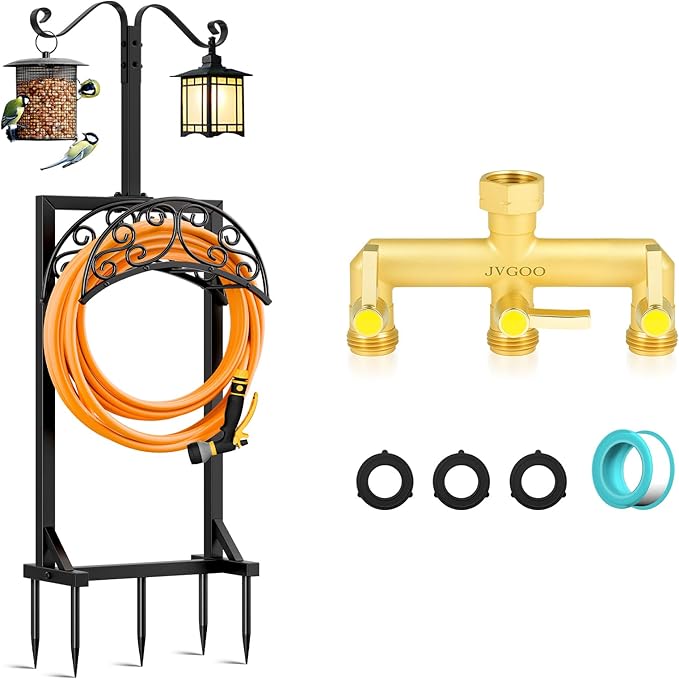 Garden Hose Holder for Outside & Garden Hose Splitter, Upgraded Water Hose Holders with 5 Spikes & 2 Shepherds Hooks, Brass 3 Way Hose Splitter Heavy Duty With Extension Handle