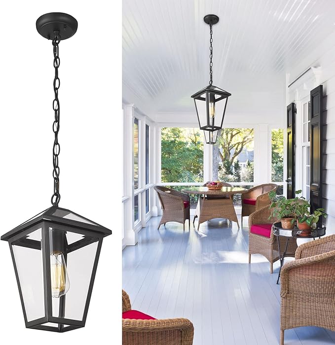 Outdoor Pendant Light for Porch, Exterior Hanging Lantern Outside Chandelier in Black Finish with Clear Glass, Ceiling Mount Outdoor Lighting for Entryway, Doorway, Farmhouse, Waterproof
