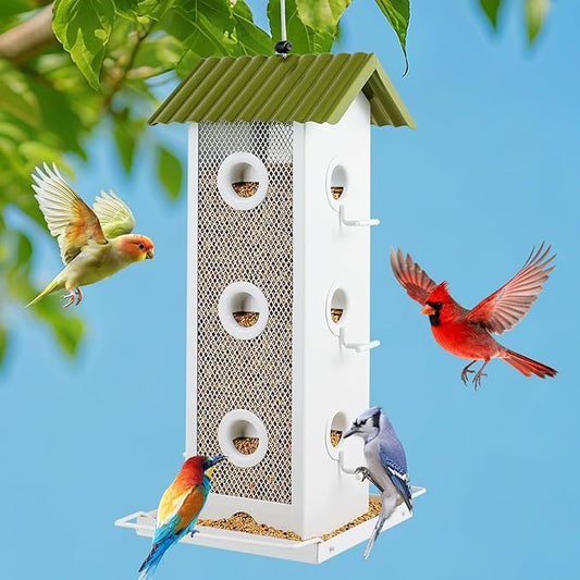 Squirrel-Proof Bird Feeder for Outdoors Hanging | 14-Port Multi-Bird Viewing | All Metal, Waterproof & Easy-Clean | Attracts Cardinals, Finches, Chickadees & More (Crisp White & Green)