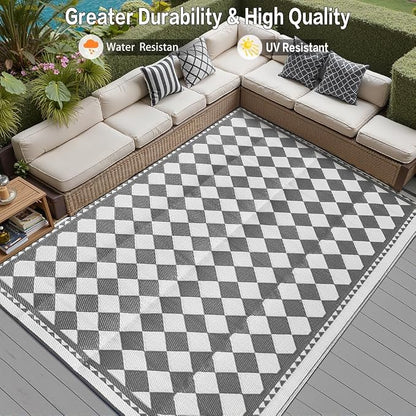 HUGEAR Outdoor Waterproof Rug 10'x14' Plastic Straw Rugs Washable Reversible Floor Mat Grey Plaid Carpet for Camping RV Deck Entryance Porch Picnic Balcony Beach Backyard