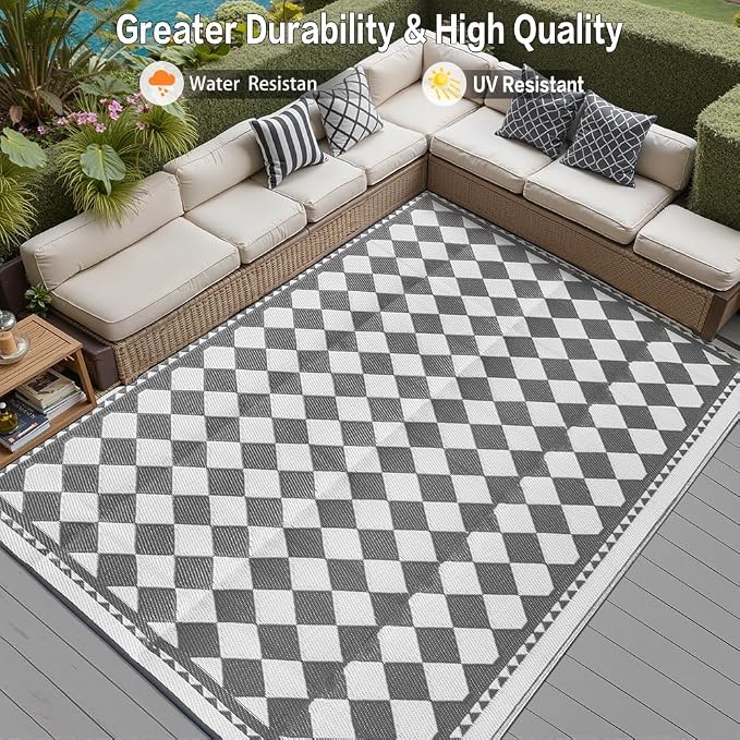 HUGEAR Outdoor Waterproof Rug 9'x12' Plastic Straw Rugs Washable Reversible Floor Mat Grey Plaid Carpet for Camping RV Deck Entryance Porch Picnic Balcony Beach Backyard