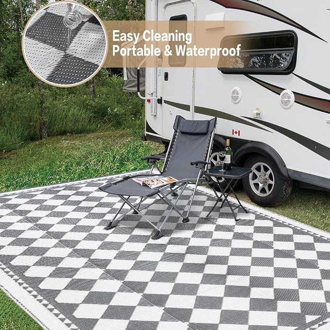 HUGEAR Outdoor Waterproof Rug 9'x12' Plastic Straw Rugs Washable Reversible Floor Mat Grey Plaid Carpet for Camping RV Deck Entryance Porch Picnic Balcony Beach Backyard