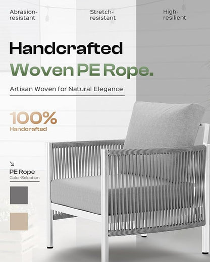 Aluminum Outdoor Patio Couch, 3 Seats HDPE Rope Patio Sofa with Washable Thick Cushion, All-Weather Patio Furniture for Balcony, Yard, Silver Frame, Silver