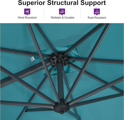PURPLE LEAF Patio Umbrella with Base 10 Feet Outdoor Cantilever Square Umbrella Aluminum Offset Umbrella with 360-degree Rotation for Garden Deck Pool Patio, Turquoise Blue