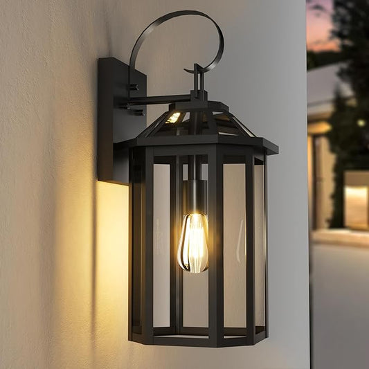 Outdoor Wall Lights, 20.24 Inch Large Waterproof Outside Wall Lantern Sconce, Clear Glass Exterior Lamp for House, Porch, Garage, 1-Light, (E26 Bulb Base, Black)