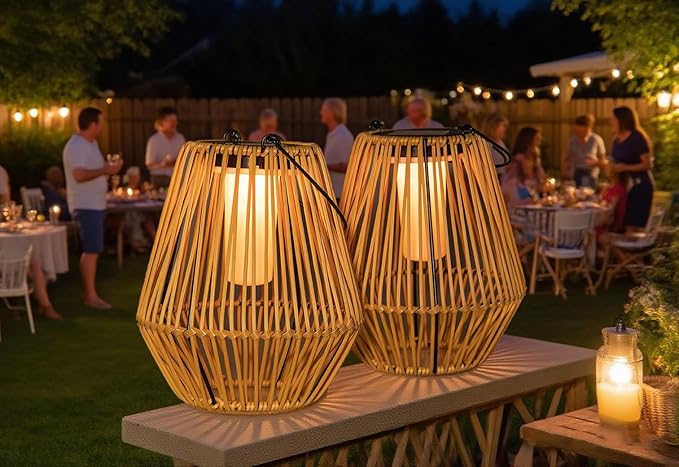 YAKii 2 Pack Solar Flame Lantern Hanging Waterproof Outdoor Handmade Solar Lamp with Dancing Flickering Flame Plastic Rattan Bohemian Style Decoration for Garden Yard Patio Porch Trees Pathway Decor