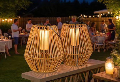 YAKii 2 Pack Solar Flame Lantern Hanging Waterproof Outdoor Handmade Solar Lamp with Dancing Flickering Flame Plastic Rattan Bohemian Style Decoration for Garden Yard Patio Porch Trees Pathway Decor
