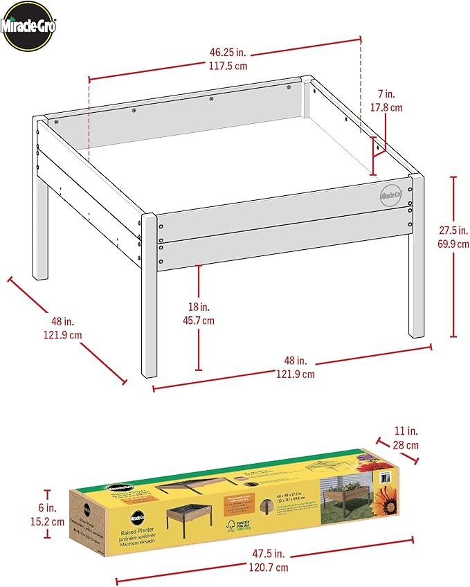 Miracle-GRO 4 x 4 Ft. Wooden Raised Garden Planter, 12.8 Cu. Ft. Above Ground Garden with Powder-Coated Metal Brackets for Decks and Yards