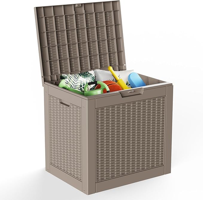 30 Gallon Deck Box, Waterproof Resin Rattan Outdoor Storage Box Lockable for Patio, Fade Resistant Ourdoor Side Table & Organizer for Garden Tools, Pool Floats, Outdoor Cushions, Light Coffee