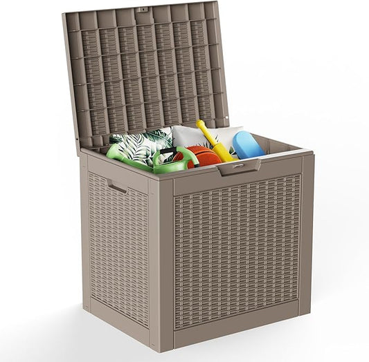 30 Gallon Deck Box, Waterproof Resin Rattan Outdoor Storage Box Lockable for Patio, Fade Resistant Ourdoor Side Table & Organizer for Garden Tools, Pool Floats, Outdoor Cushions, Light Coffee
