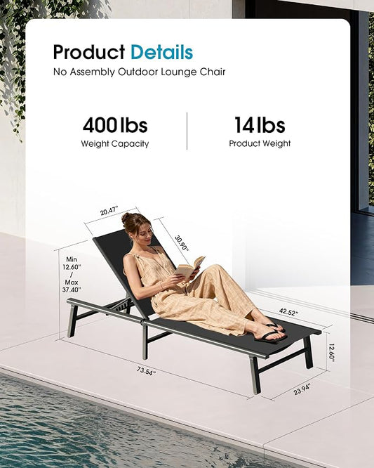 Ciokea Foldable Outdoor Lounge Chair Set of 4, No Assembly Aluminum Chaise Lounge Outdoor with 5-Positions, Aluminum Pool Lounge Chairs with Portable Design for Poolside, Beach, Deck, Patio, Black