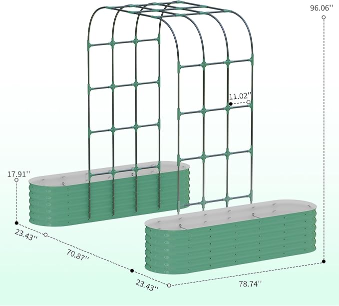 Expandable Arch Trellis Raised Bed Kit – 95" Metal Garden System with Vertical Netting, Plant Ties, and Drainage Design for Vegetables, Flowers, and Vines (Rust-Proof Green)