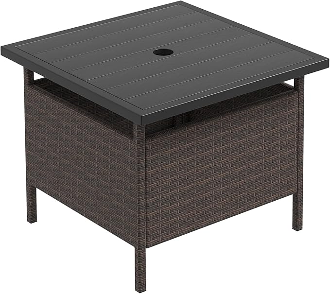 Giantex Umbrella Table, Outdoor Side Table with 2" Umbrella Hole, Rattan Umbrella Stand Holder, Heavy Duty Metal Frame, Patio Bistro Table for Deck Garden Poolside, Mix Brown (HDPE Tabletop)