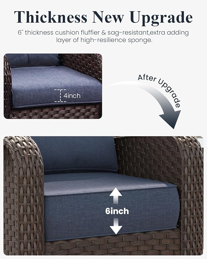 LayinSun 3 Piece Wicker Outdoor Furniture Set with 6-inch Comfy Cushions, High Back Patio Furniture Set with Rattan Armchairs and Side Table