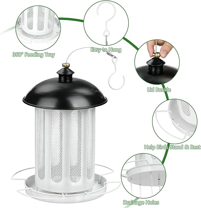 Bird Feeder, Large Capacity Bird Feeders for Outdoor Hanging, Heavy Duty Metal Wild Birdfeeder for Outside Garden Yard Decor, Retro Lantern Shape (Black & White)