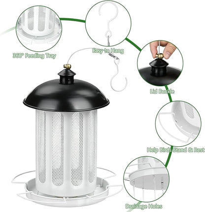 Bird Feeder, Large Capacity Bird Feeders for Outdoor Hanging, Heavy Duty Metal Wild Birdfeeder for Outside Garden Yard Decor, Retro Lantern Shape (Black & White)