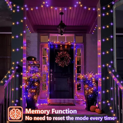 YEGUO Orange and Purple Halloween Lights Outdoor Waterproof, 4 Packs Each 33ft 100 LED Solar Fairy Light,8 Modes Black Wire String Lights