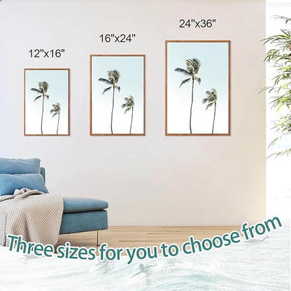 CHDITB Coastal Framed Canvas Wall Art, Beach Surfing Posters, Neutral Palm Tree Ocean Decor, Summer Vacation Artwork Tropical Seaside Painting for Home Living Room Coastal Bedroom 24"x36"x3