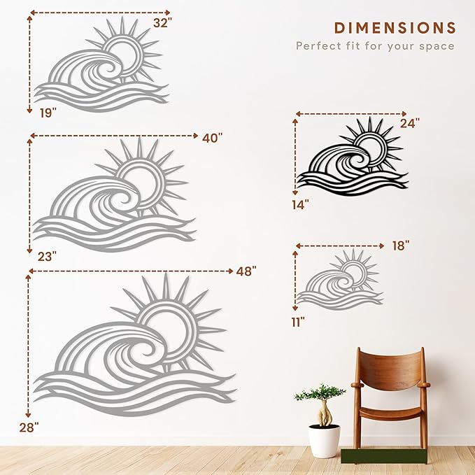Wita Home Ocean Wave Metal Wall Art, Sun Beach Decor, Coastal Large Wall Sculpture for Home, Indoor/Outdoor Use, Nautical Wall Hanging, Eye-Catching Addition to Living Room (Black, 24 x 14 inches)