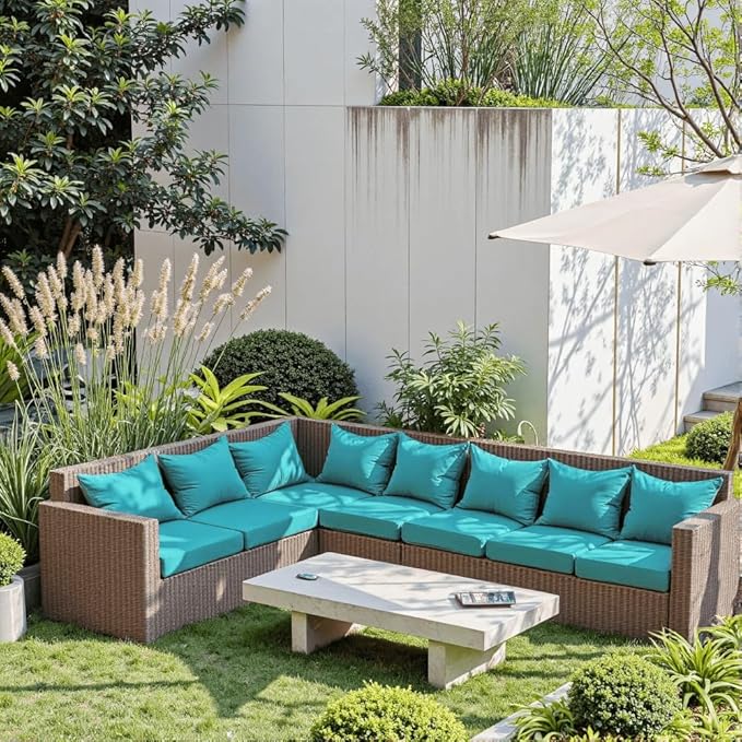 PatioGlow Outdoor Seat Cushion Set 24 x 24 x 4 Inch, Waterproof & Fade Resistant Patio Furniture Cushions with Removable Cover and Ties, Thick Deep Seating Pads for Outside Chair Sofa Couch, Teal