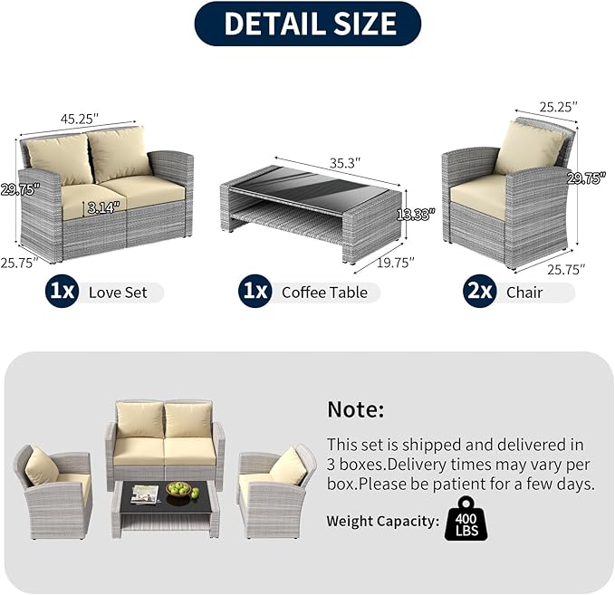 4 Piece Patio Furniture Set,Outside Rattan Sectional Sofa,Wicker Conversation Set with Cushion and Glass Coffee Table,Wicker Sofa Ideal for Garden,Porch,Beige