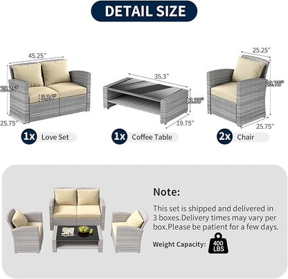 4 Piece Patio Furniture Set,Outside Rattan Sectional Sofa,Wicker Conversation Set with Cushion and Glass Coffee Table,Wicker Sofa Ideal for Garden,Porch,Beige