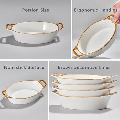 ONEMORE Au Gratin Baking Dish Set of 4, Oval White Ceramic Mini Casserole Dishes with Brown Rim, Oven Safe, 20 oz 6x8 Inches, Ideal for Individual Serving, Lasagna, Quiche