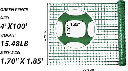 PotatoLife Plastic Mesh Fence Safety Fence, 4'x100' Roll with 100 Zip Ties, Resuable Temporary Netting for Garden Fencing, Construction, Snow Fencing, Animal Barrier, Poultry, Deer, Patio, Green