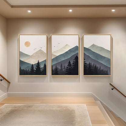 Framed Boho Mountain Landscape Wall Art for Living Room, Large Bohemian Forest Canvas Paintings Artwork for Walls, 3 Piece Nature Wall Picture for Hallway Bedroom Office Wall Decor, 24x36 Inch