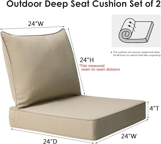 Outdoor Patio Chair Cushions Set, 24" x 24", Set of 2, Water-Repellent, Fade Resistant, Deep Seat Bottom and Back Cushion for Backyard, Couch, Sofa and Patio Furniture, Tan