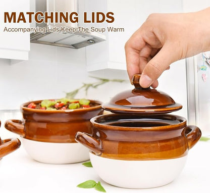 Vumdua French Onion Soup Bowls with Lids and Handles, 16 oz Ceramic French Onion Soup Crocks for Chilli, Cereal, Cereal, Pot Pies, Oven, Broil & Dishwasher Safe, Set of 4