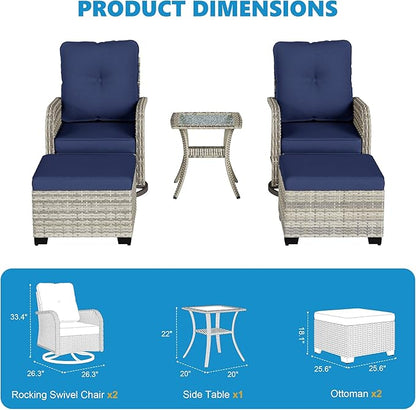 5-Piece Small Patio Furniture Set, Outdoor Swivel Rocking Chairs Set with Ottomans, Patio Bistro Set for Balcony, Deck, Porch, Navy Blue