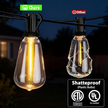 Outdoor String Lights, LED Outdoor Patio Lights Waterproof 50FT with 25+2 Shatterproof ST38 LED Bulbs, 2700K Outside Hanging Light for Backyard, Porch, Deck, Garden, Home Decor