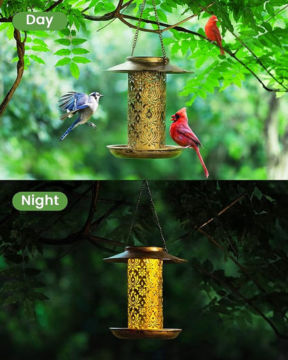SWEETFULL Solar Bird Feeder for Outdoors Hanging, Metal Wild Bird Feeder for Cardinals Solar Garden Lantern with S Hook as Gift Ideas for Bird Lovers (2LBs Heavy Duty Weather Resistance birdfeeders)