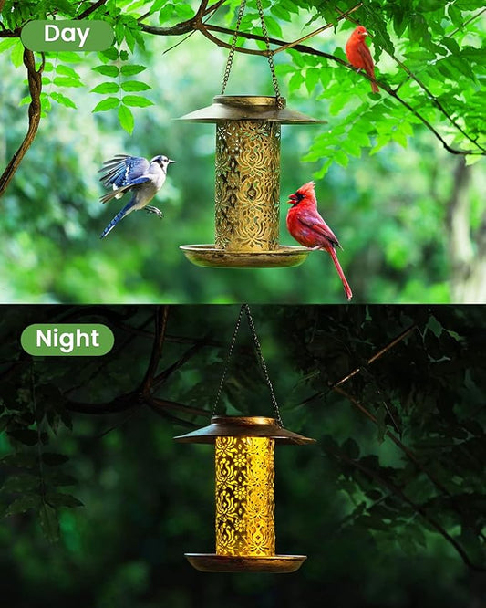 SWEETFULL Solar Bird Feeder for Outdoors Hanging, Metal Wild Bird Feeder for Cardinals Solar Garden Lantern with S Hook as Gift Ideas for Bird Lovers (2LBs Heavy Duty Weather Resistance birdfeeders)