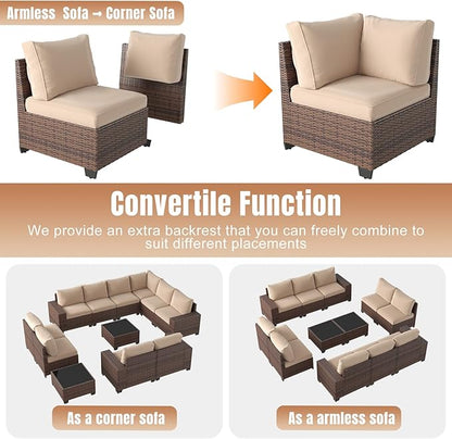 Aoxun 12 Pieces Patio Furniture Set Wicker Rattan Outdoor Sectional Conversation Set with Coffee Table and 4” Thickened Cushions, Beige (Waterproof Cover Included)